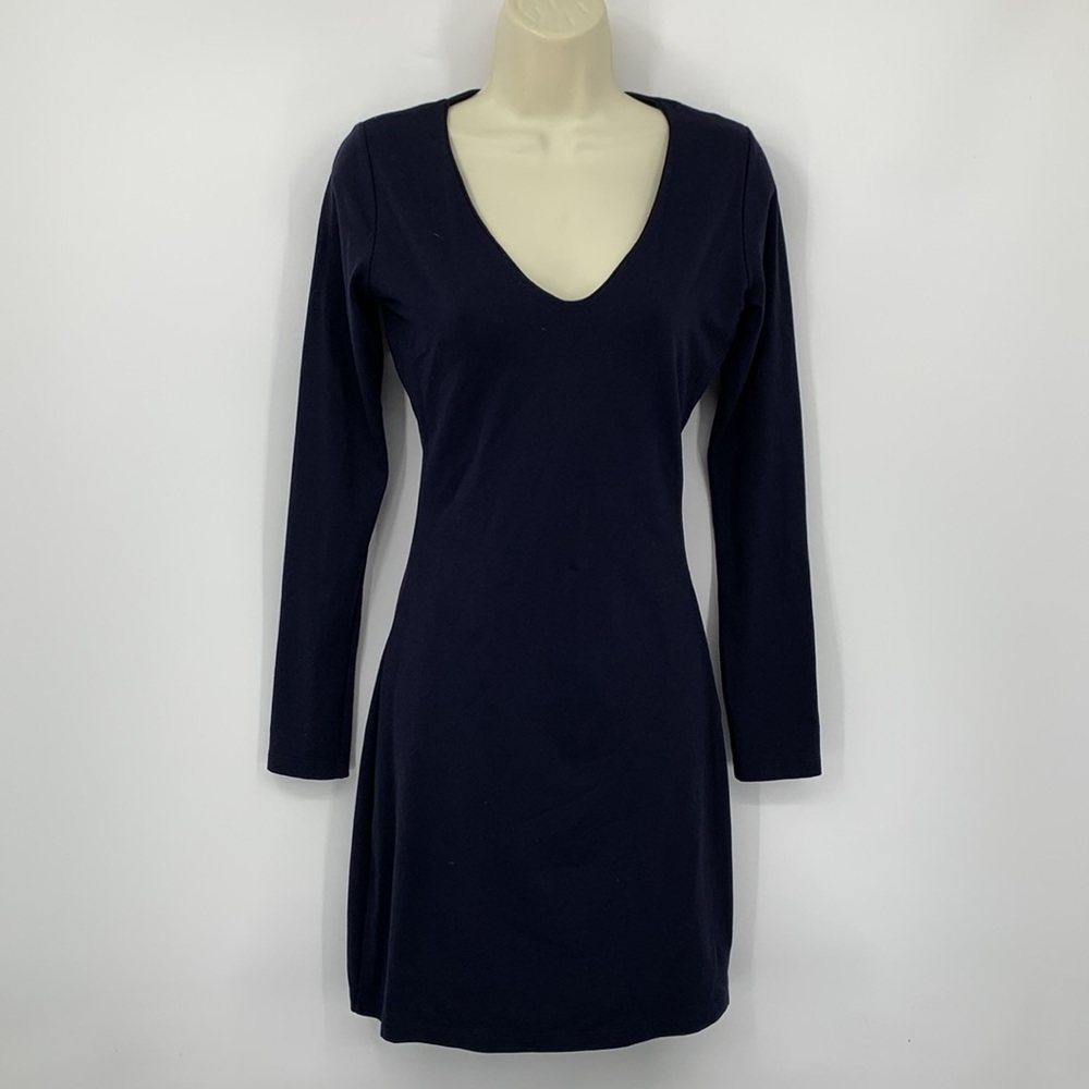Susana Monaco navy blue shift dress jersey knit body-con v-neck long sleeve S
